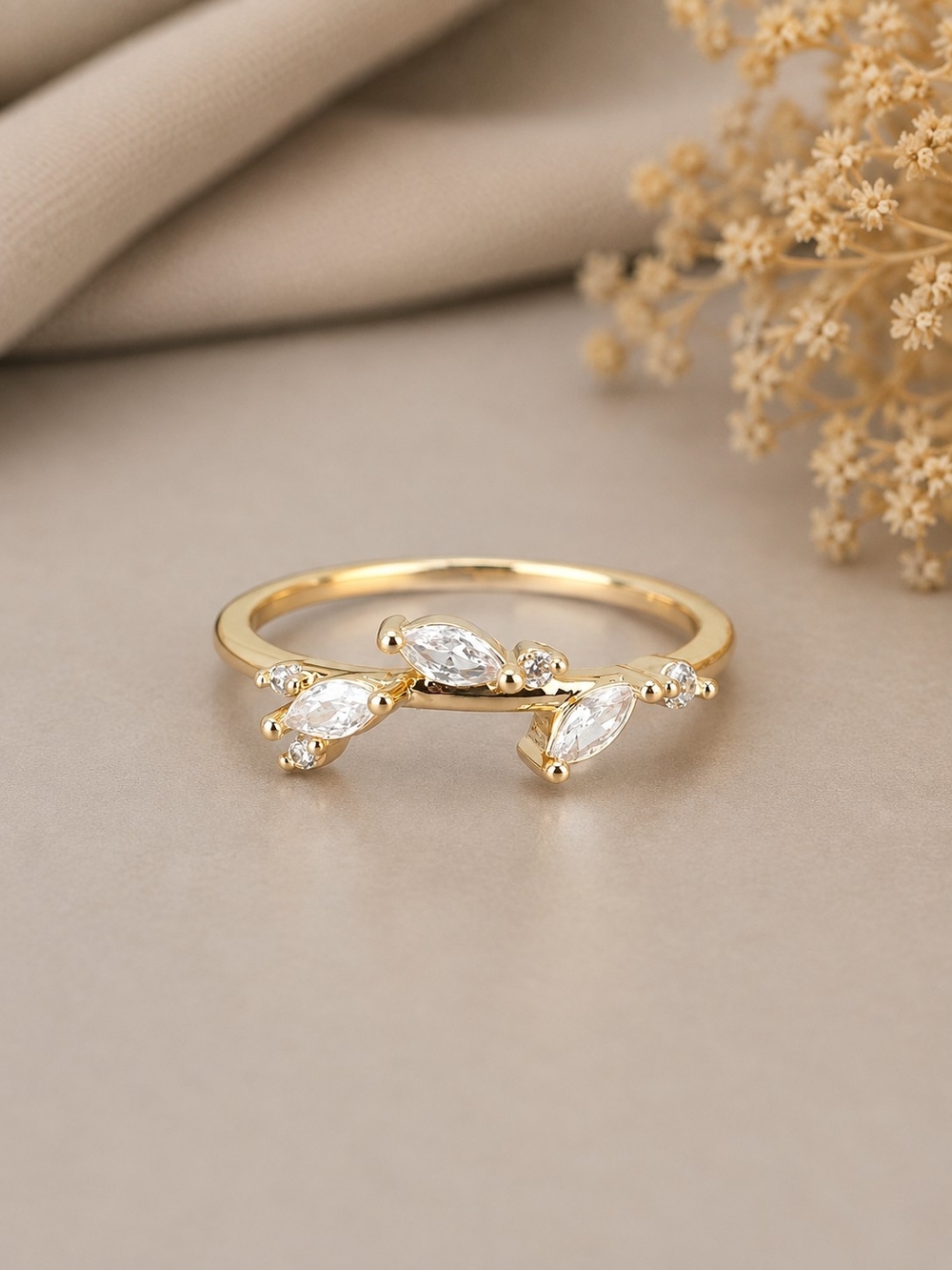 Gold Marquise CZ Leaf Band Ring